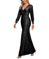 V-Neck Split Long Sleeve Shinning Sequins Dress Sai Feel